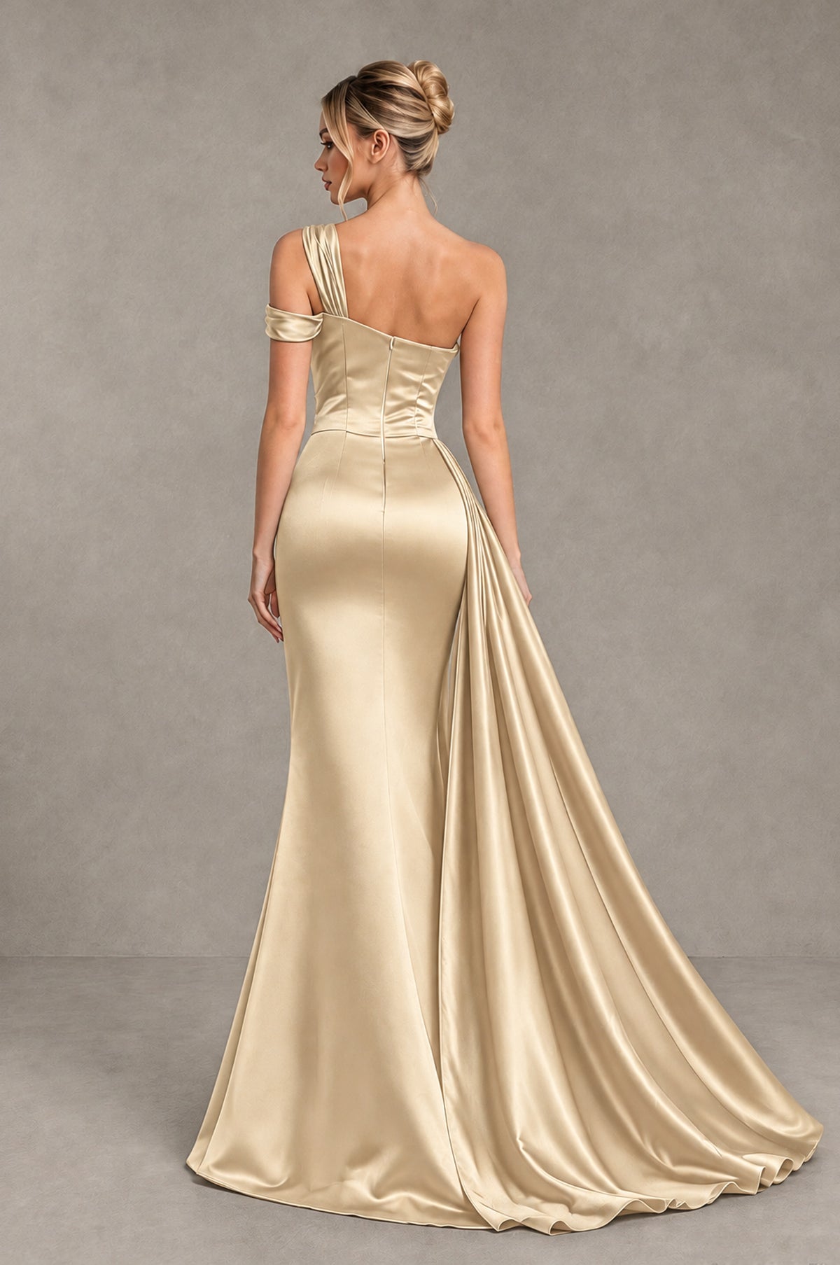 BOLODOO Champagne Asymmetric Ruched Formal Evening Dress - Champagne - Champagne_2
