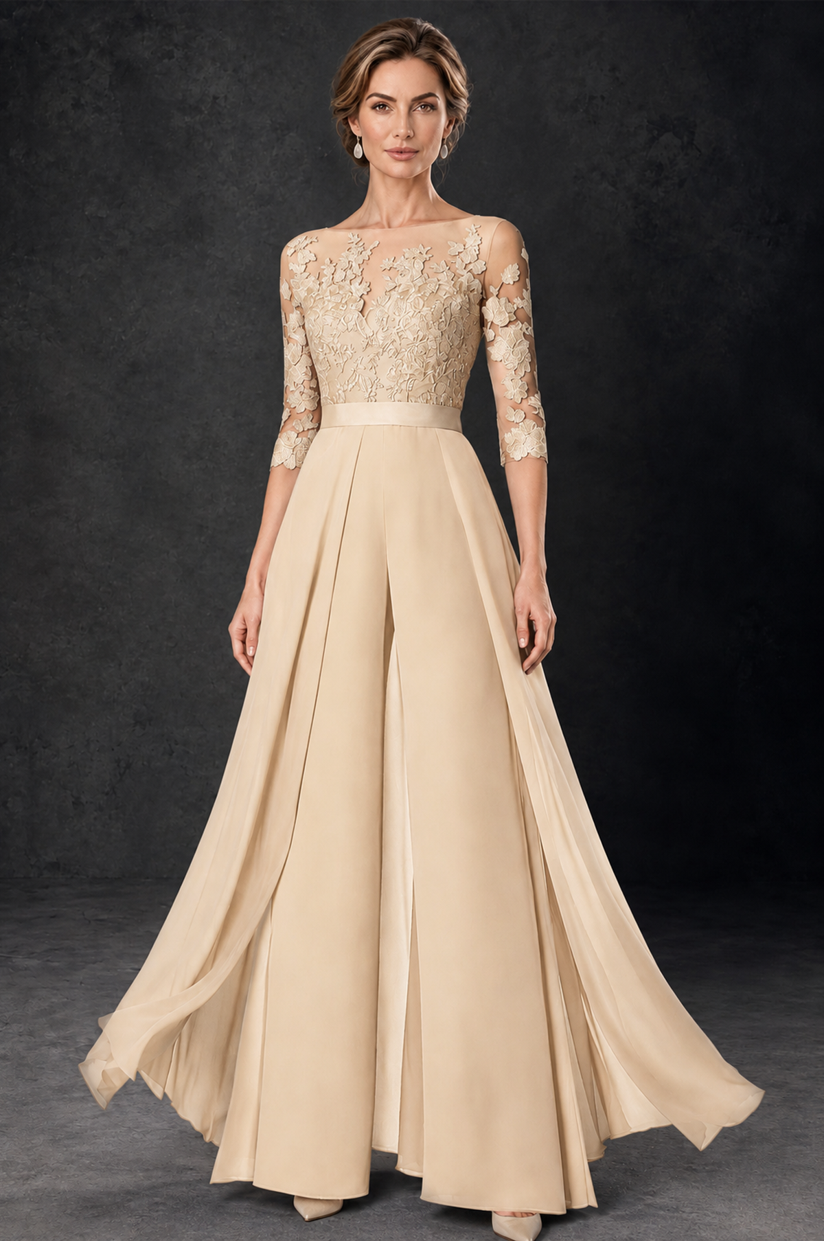 BOLODOO Champagne Lace Wide-Leg Jumpsuit with Three-Quarter Sleeves - Champagne - Champagne_2