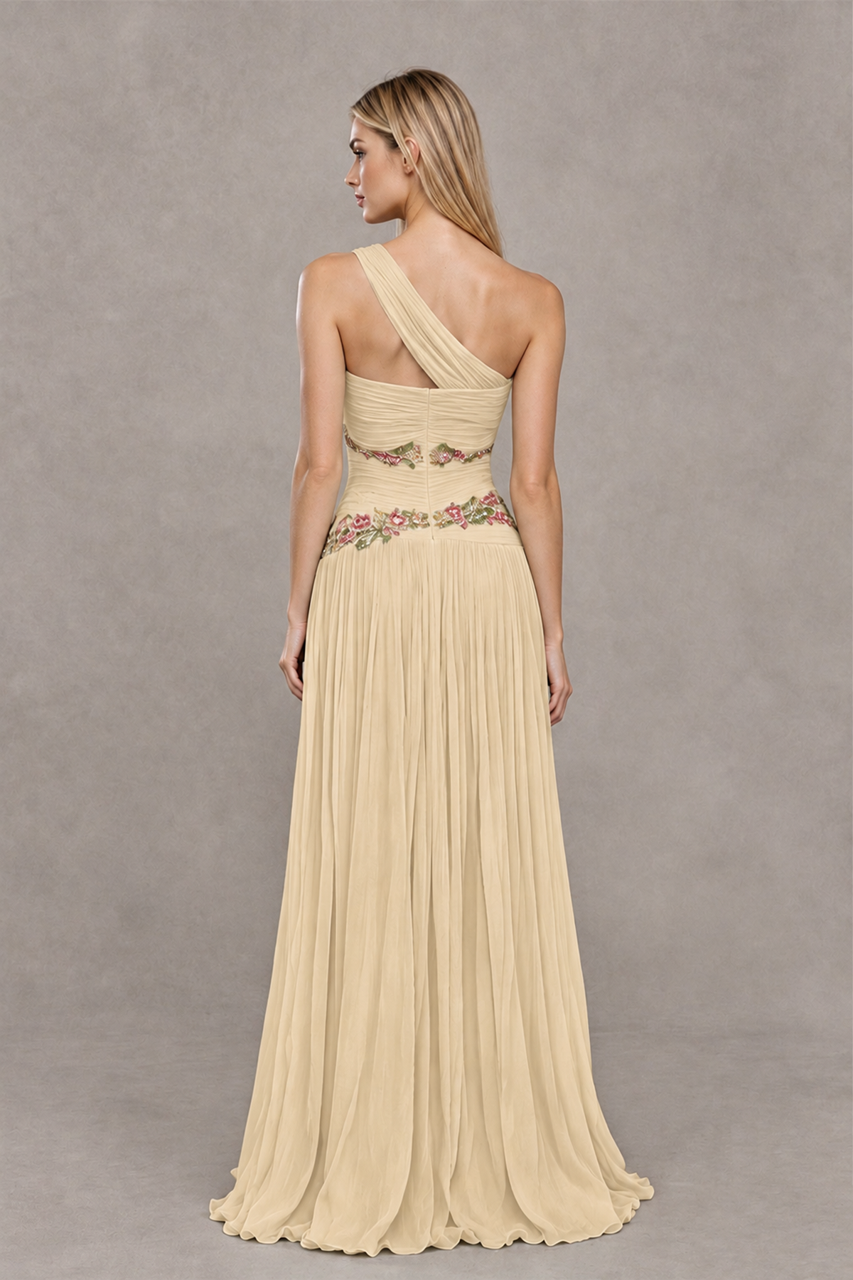BOLODOO Champagne One-Shoulder Floral Applique A-Line Evening Dress - Champagne - Champagne_2