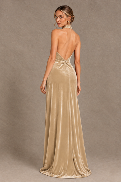 BOLODOO Champagne Velvet Halter Open-Back Ruched Evening Dress - Champagne - Champagne_2