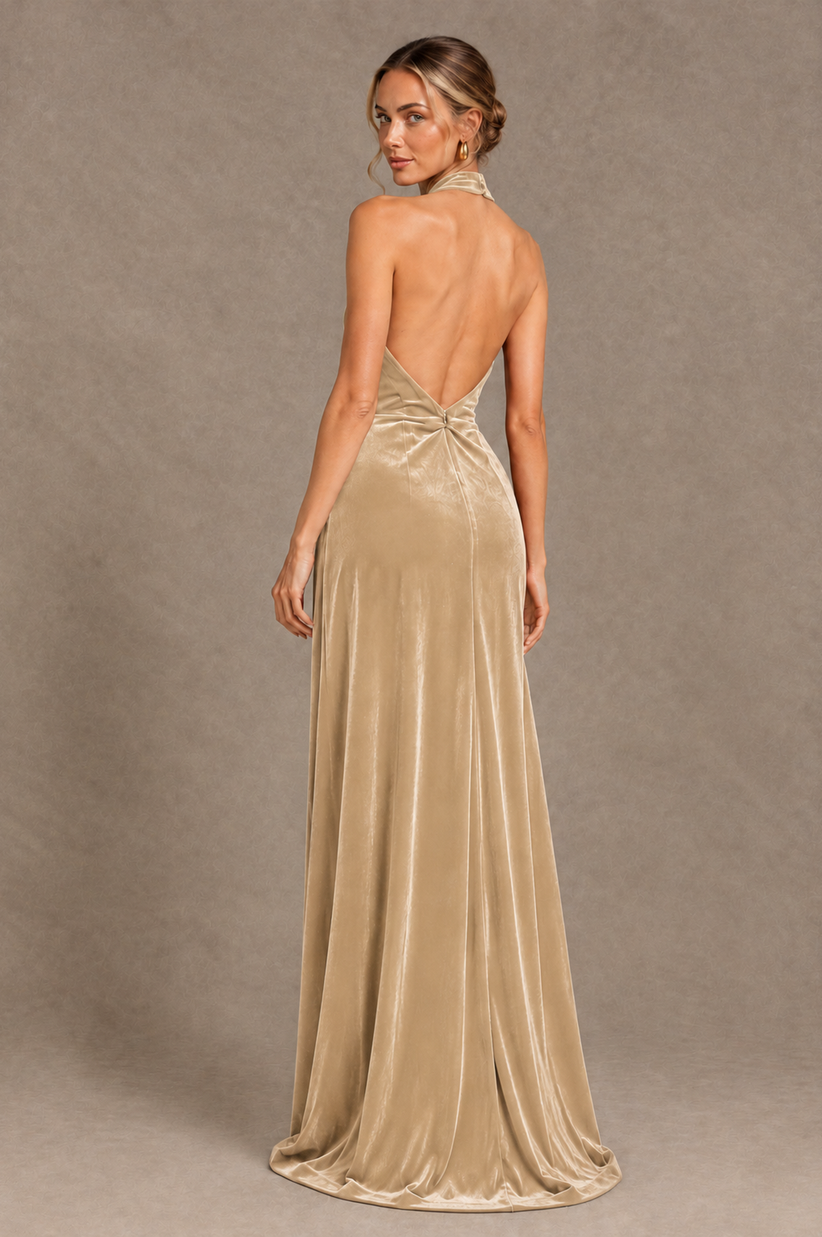 BOLODOO Champagne Velvet Halter Open-Back Ruched Evening Dress - Champagne - Champagne_2