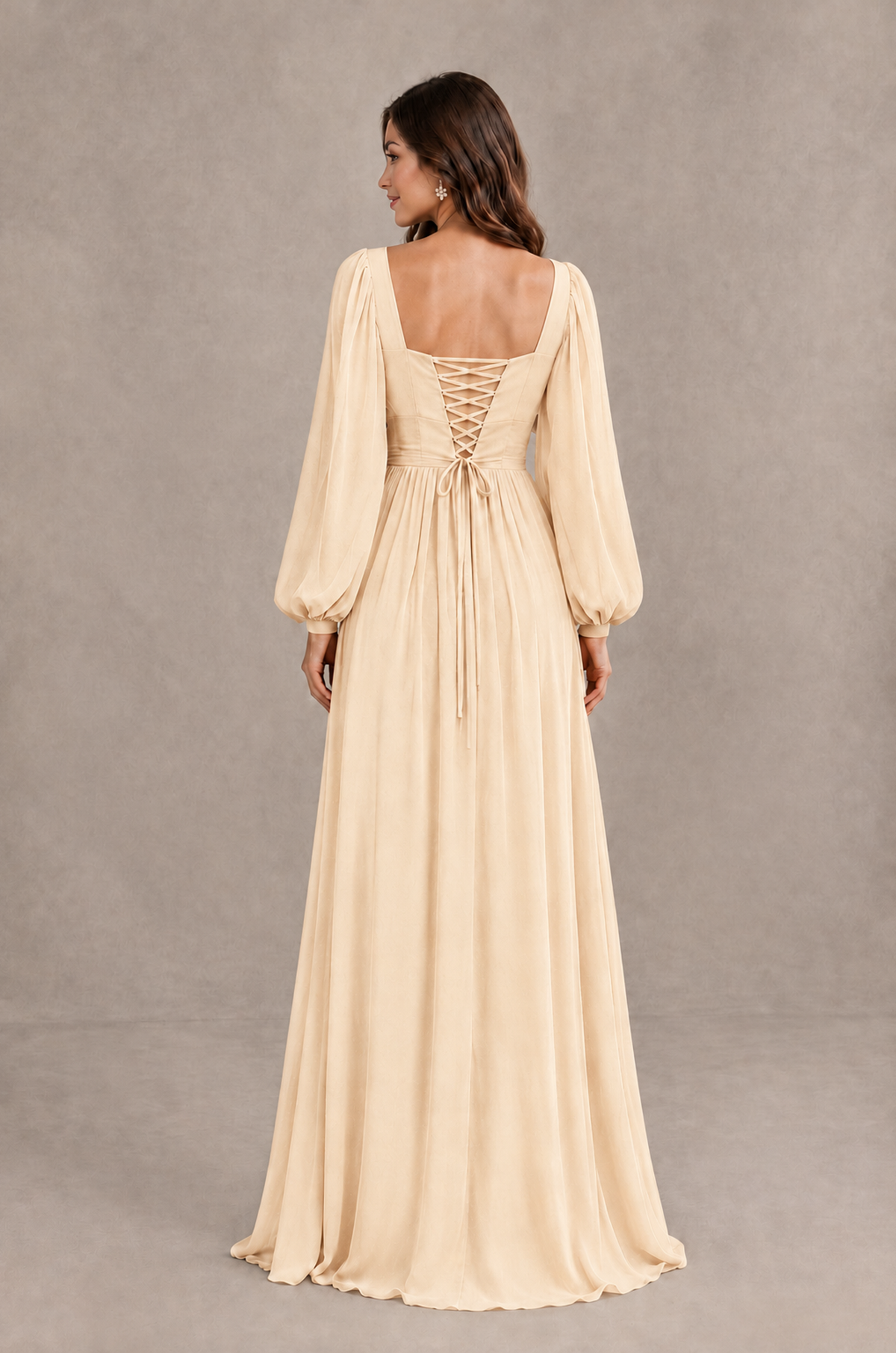 BOLODOO Champagne Long Sleeve V-Neck A-Line Bridesmaid Dress - Champagne - Champagne_2