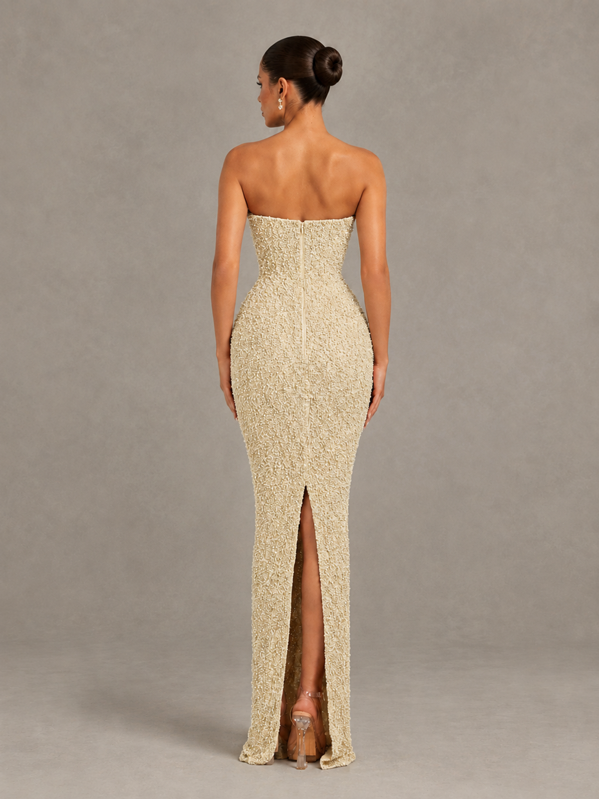 BOLODOO Champagne Strapless Sequin Evening Gown with Floral Neckline - Champagne - Champagne_2