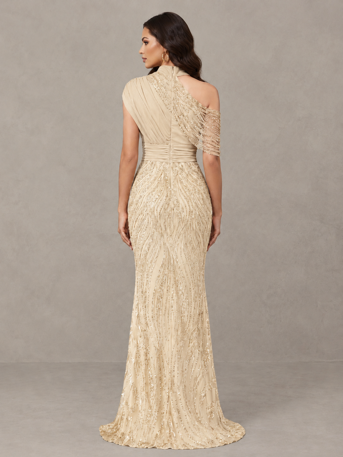 BOLODOO Champagne High Neck Draped Sequin Mermaid Evening Gown - Champagne - Champagne_2