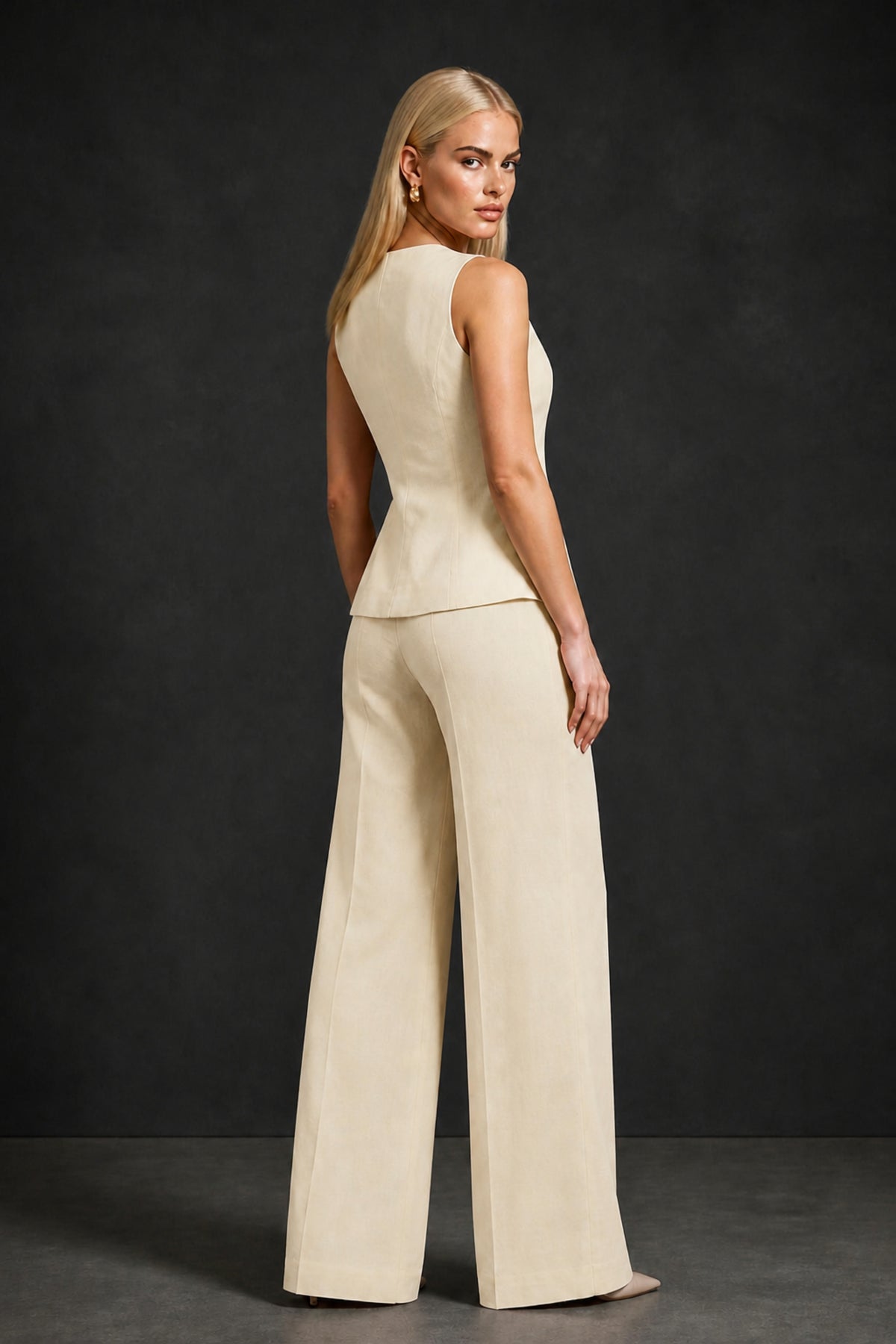 BOLODOO Champagne Sleeveless Vest Top & Wide-Leg Trousers Two-Piece Suit Set – Champagne Button Asymmetric Formal Set - Champagne