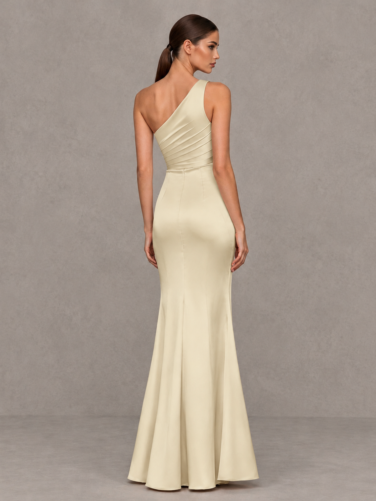 BOLODOO Champagne One-Shoulder Ruched Satin-Look Evening Gown with High Slit - Champagne - Champagne_2
