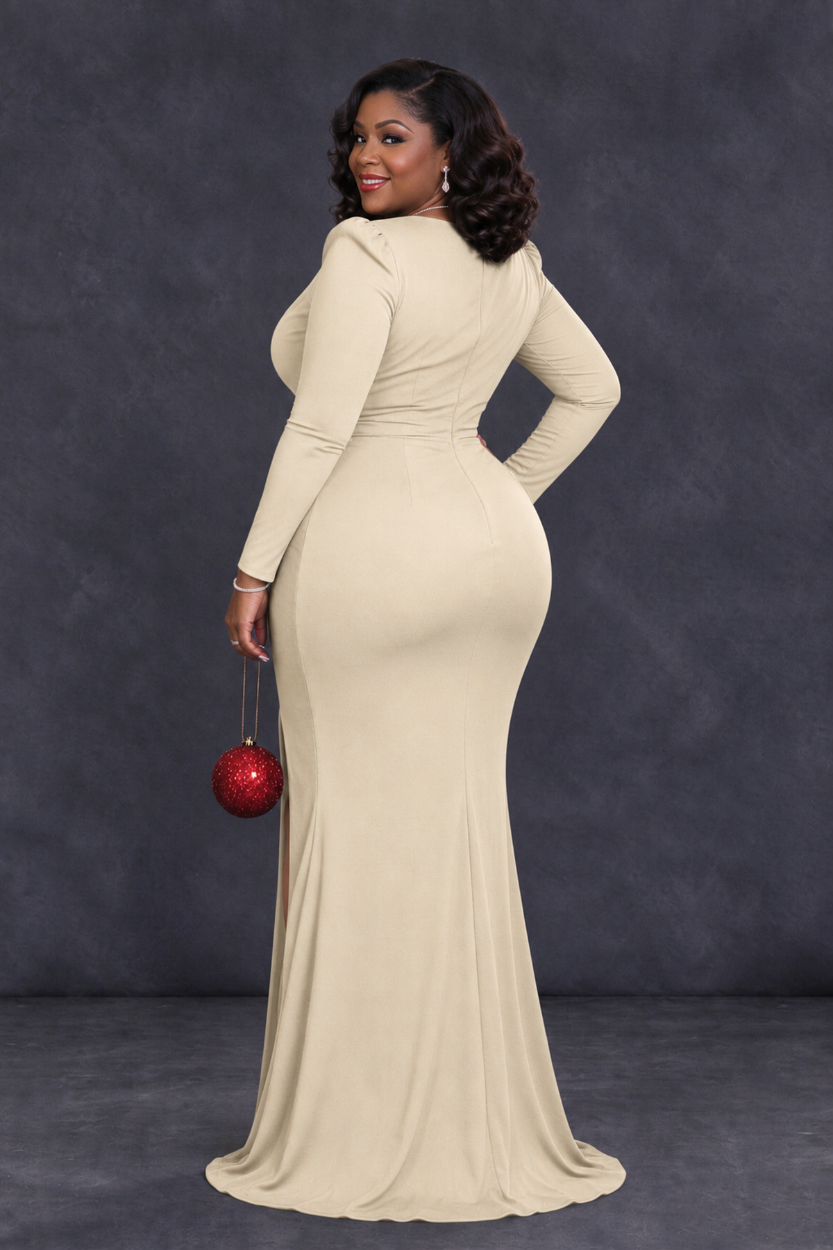 BOLODOO Champagne Plus Size Long Sleeve V-Neck Mother of the Bride Dress with Slit - Champagne - Champagne_2