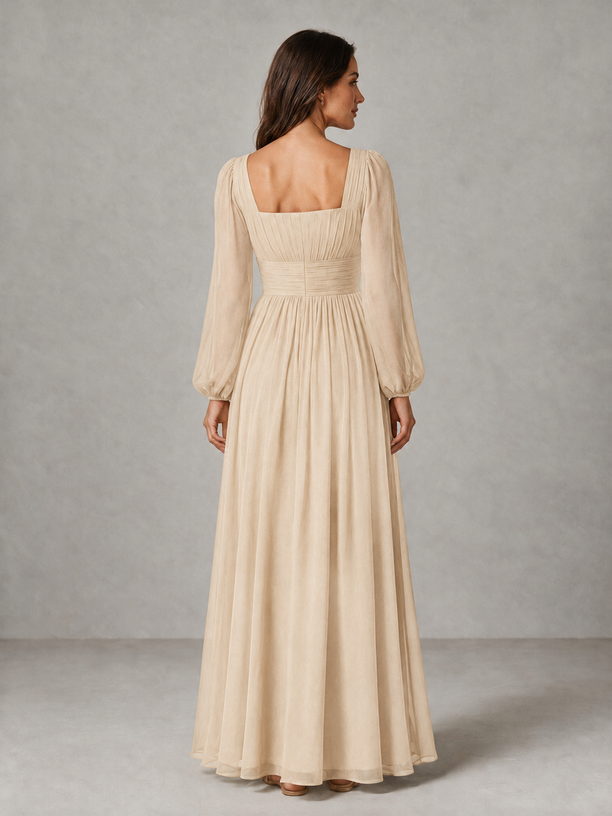 BOLODOO Champagne Square Neck Long Sleeve Chiffon Bridesmaid Dress - Champagne - Champagne_2