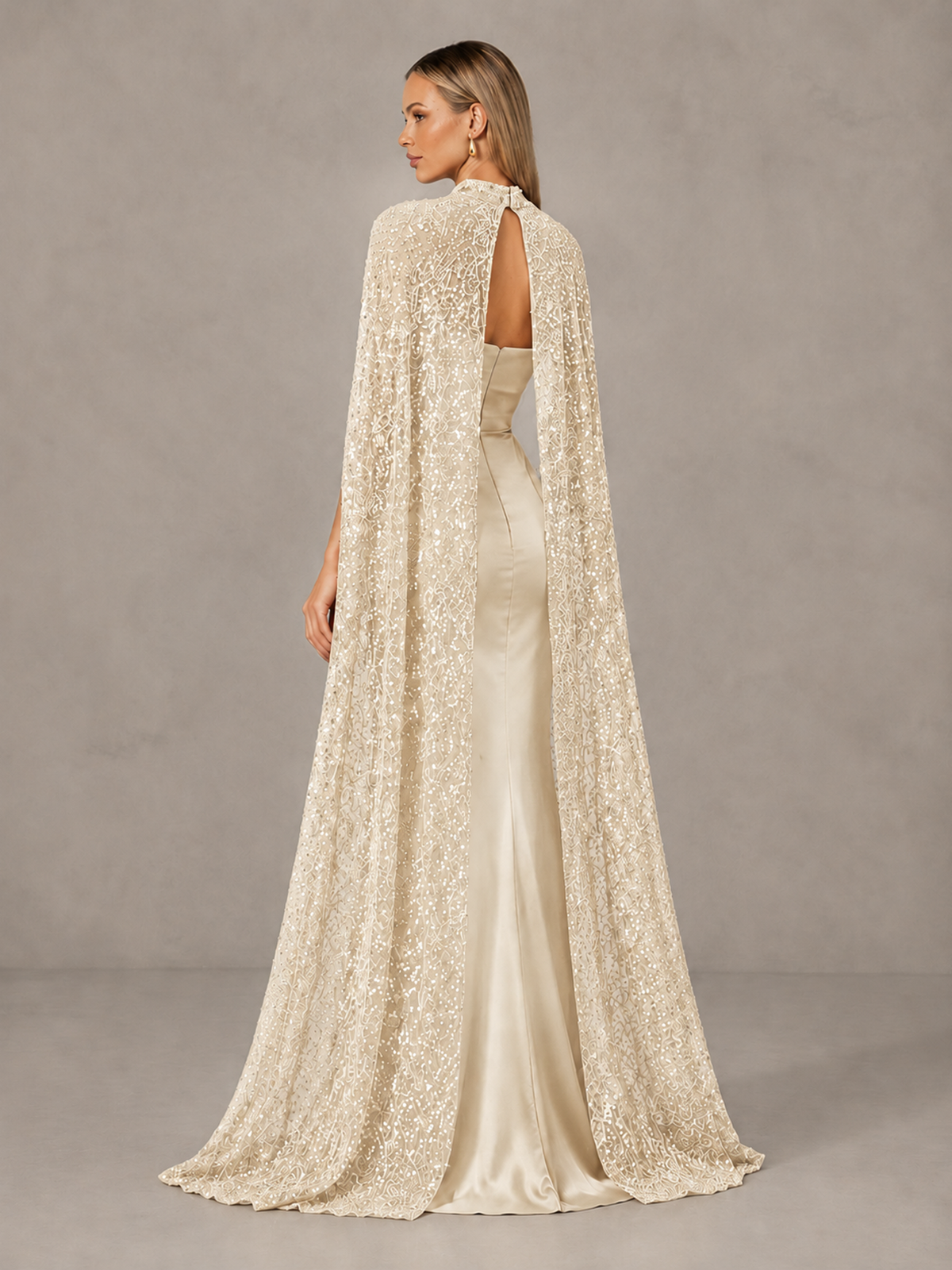 BOLODOO Champagne Strapless Satin-Look Evening Gown with Sequin Cape - Champagne - Champagne_2