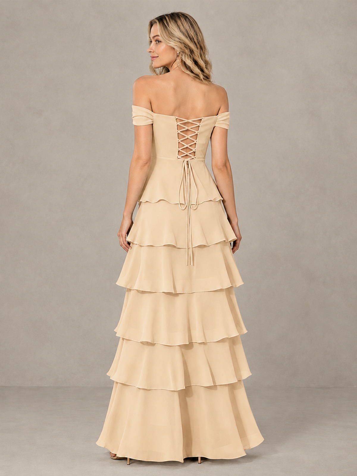 BOLODOO Champagne Off-Shoulder Tiered Ruffle Bridesmaid Dress with Lace-Up Back - Champagne - Champagne_2