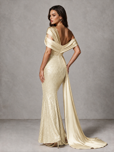 BOLODOO Champagne Sequin Mermaid Evening Dress with Off-Shoulder Satin Drape and Sweep Train - Champagne - Champagne_2