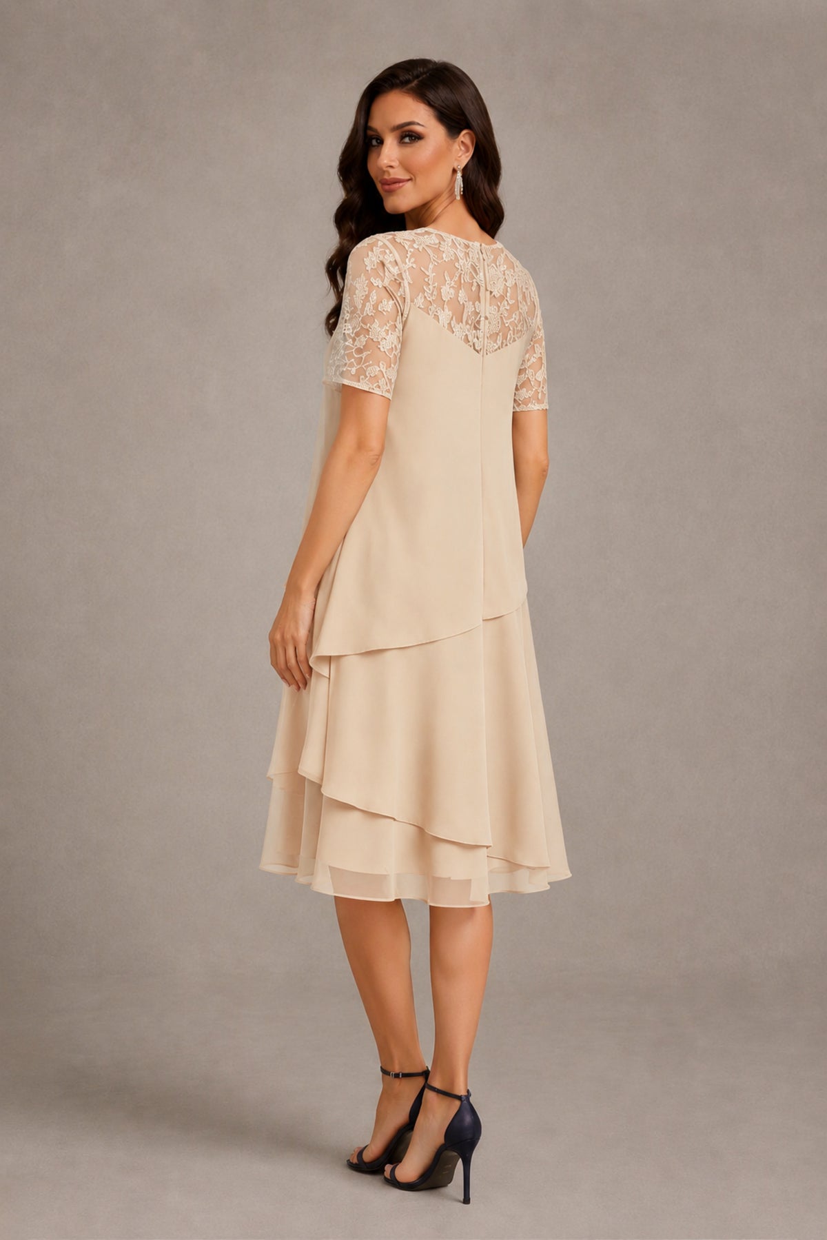 BOLODOO Champagne Illusion Lace Short Sleeve Tiered Chiffon Tea Length Dress | Mother of the Bride Midi Dress - Champagne