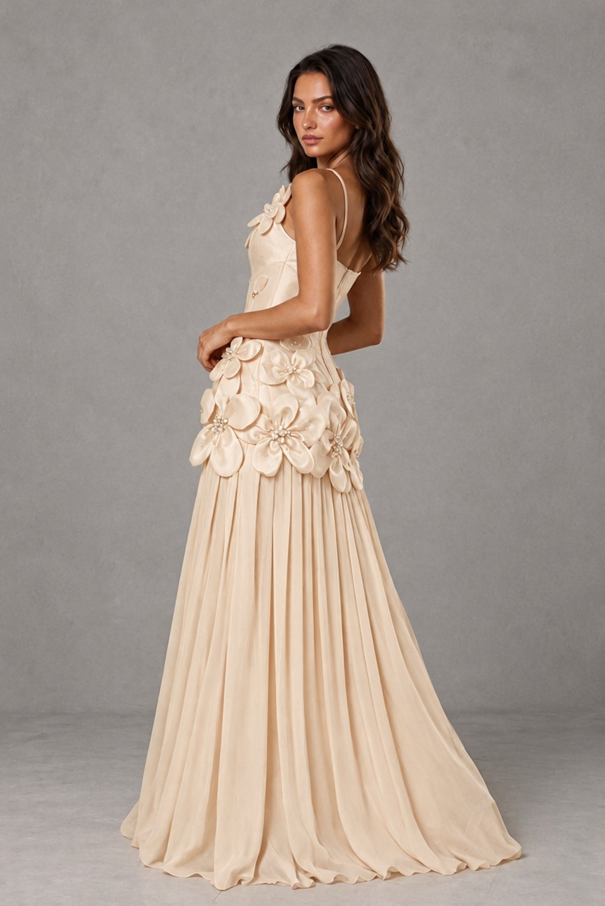 BOLODOO Champagne 3D Floral Appliqué Floor-Length A-Line Evening Gown - Champagne