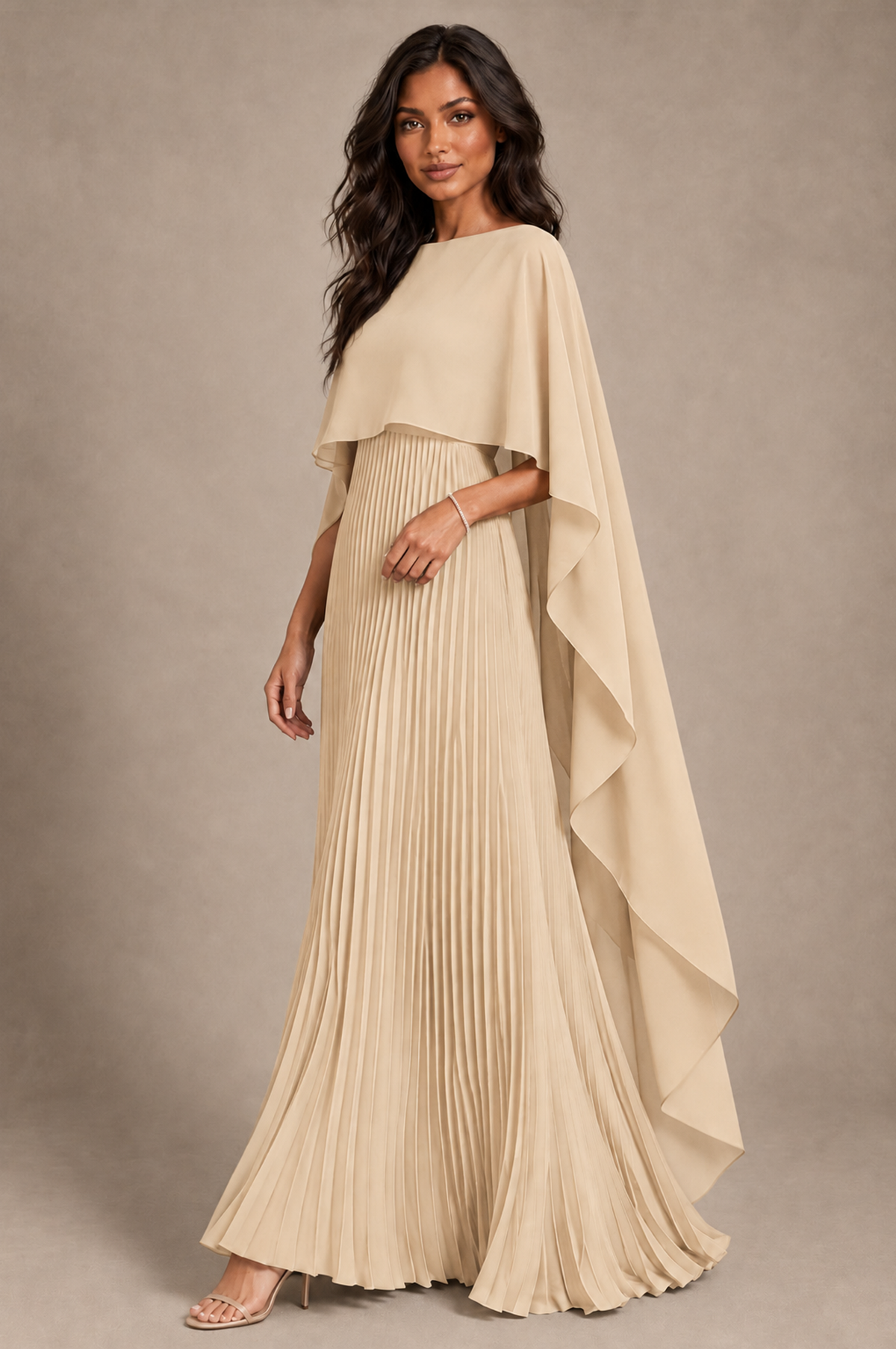 BOLODOO Champagne Pleated Cape A-Line Evening Dress - Champagne - Champagne_2