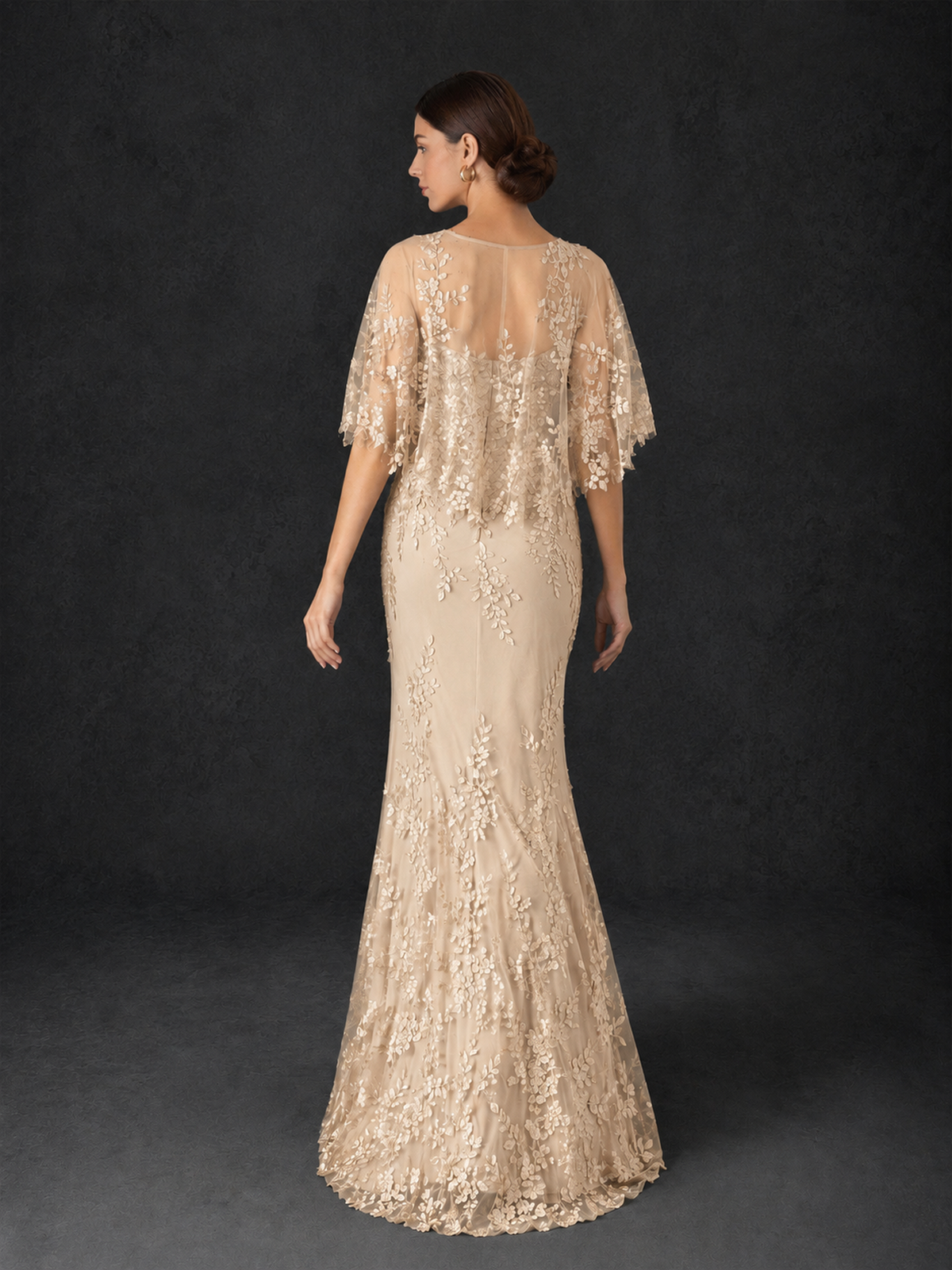 BOLODOO Mocha Rose Botanical Lace Flutter Sleeve Mermaid Gown - Champagne - Champagne