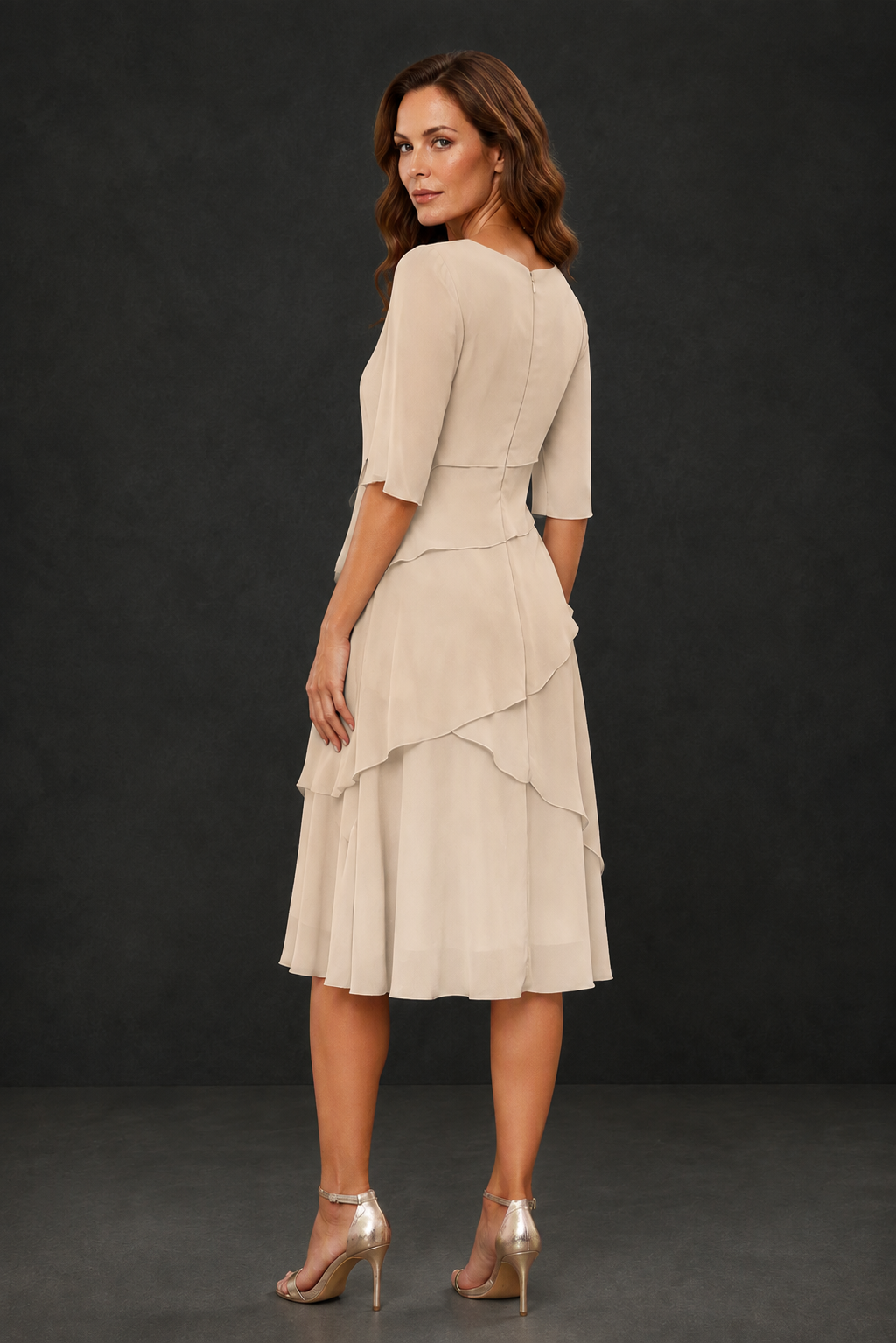 BOLODOO Champagne Chiffon 3/4 Sleeve Asymmetric Tiered Tea Length Dress | Mother of the Bride Midi Dress - Champagne
