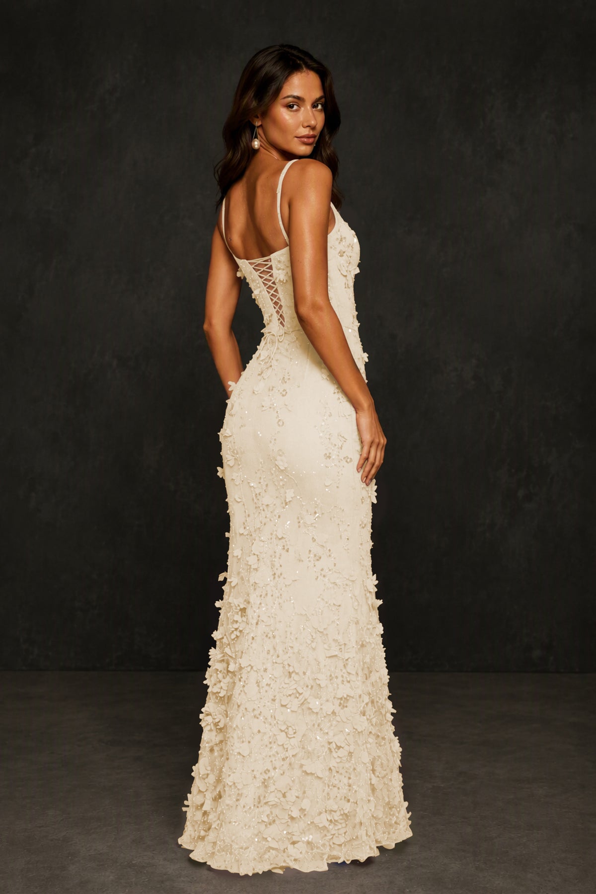 BOLODOO Champagne Sequin 3D Floral Mermaid Maxi Gown – Lace-Up Back Formal Dress - Champagne