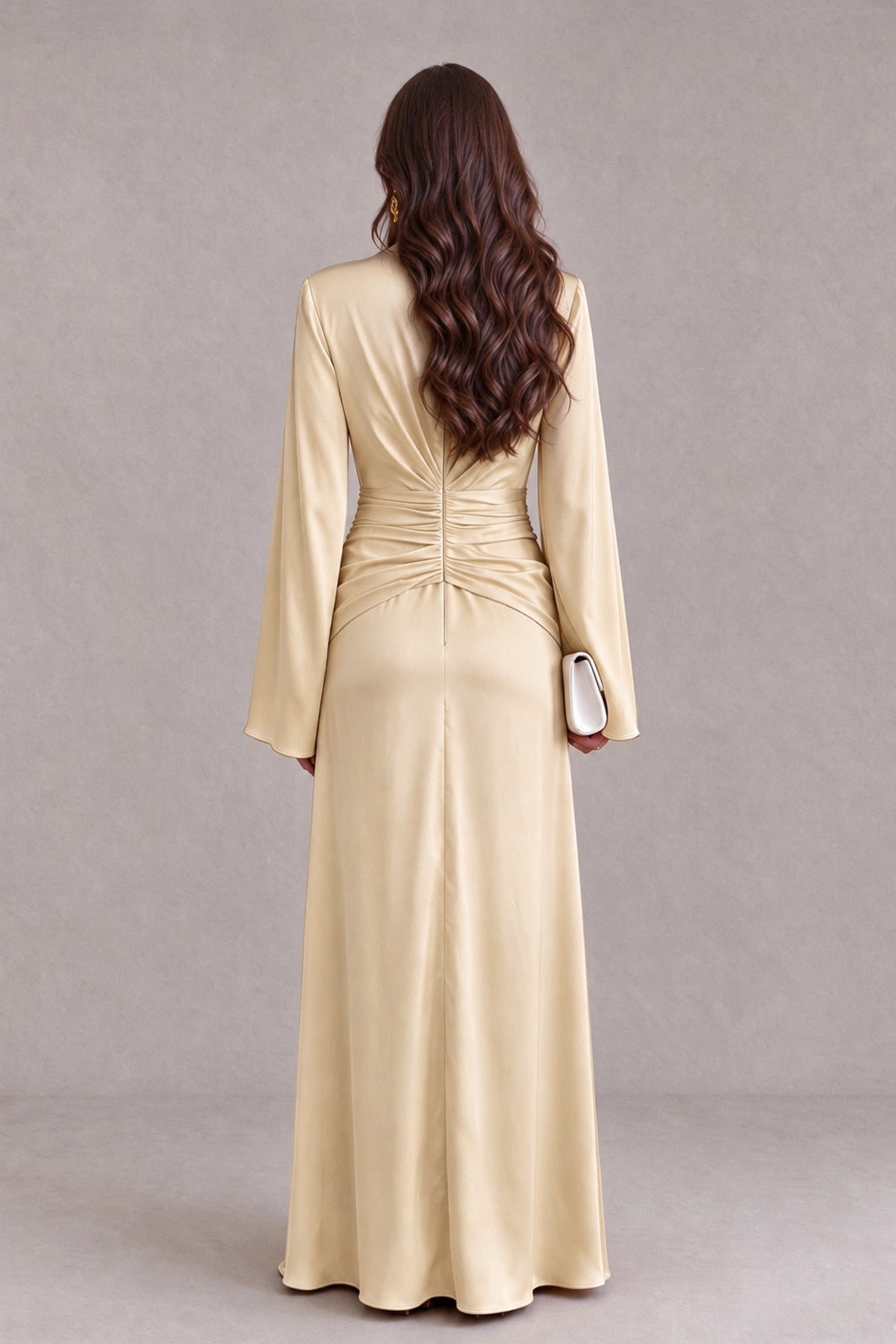 BOLODOO Champagne Yellow Satin-Look V-Neck Long Bell Sleeve Evening Dress - Champagne - Champagne_2