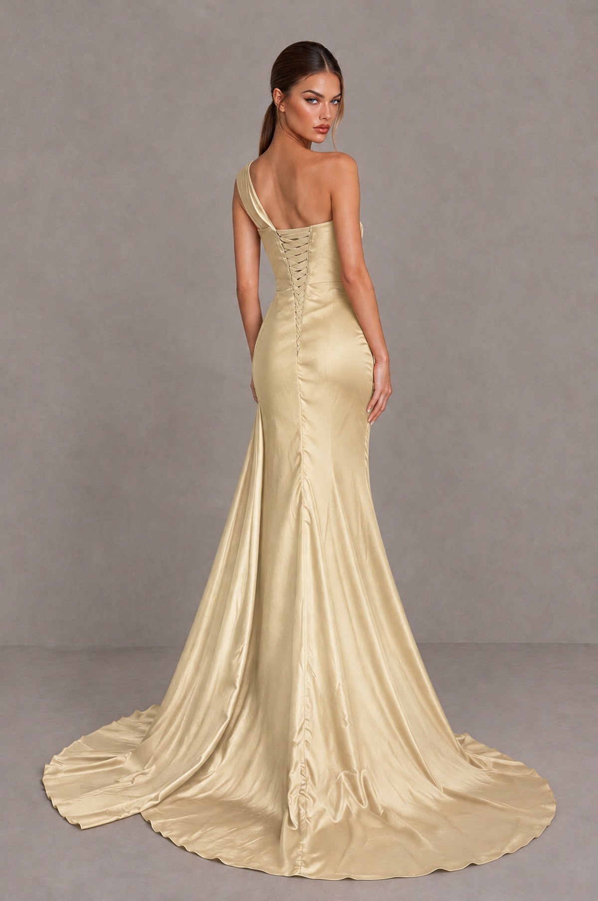 BOLODOO Champagne One Shoulder Satin Mermaid Evening Dress with Ruched Slit Skirt - Champagne - Champagne_2