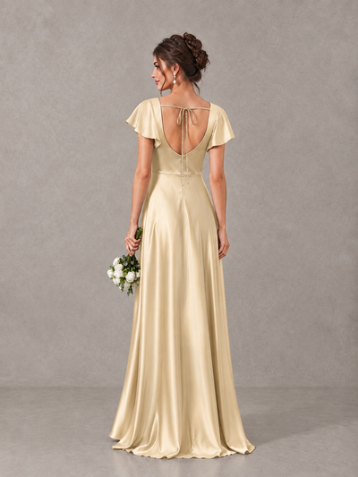 BOLODOO Champagne Satin Square Neck Flutter Sleeve A-Line Bridesmaid Dress with Slit - Champagne - Champagne_2