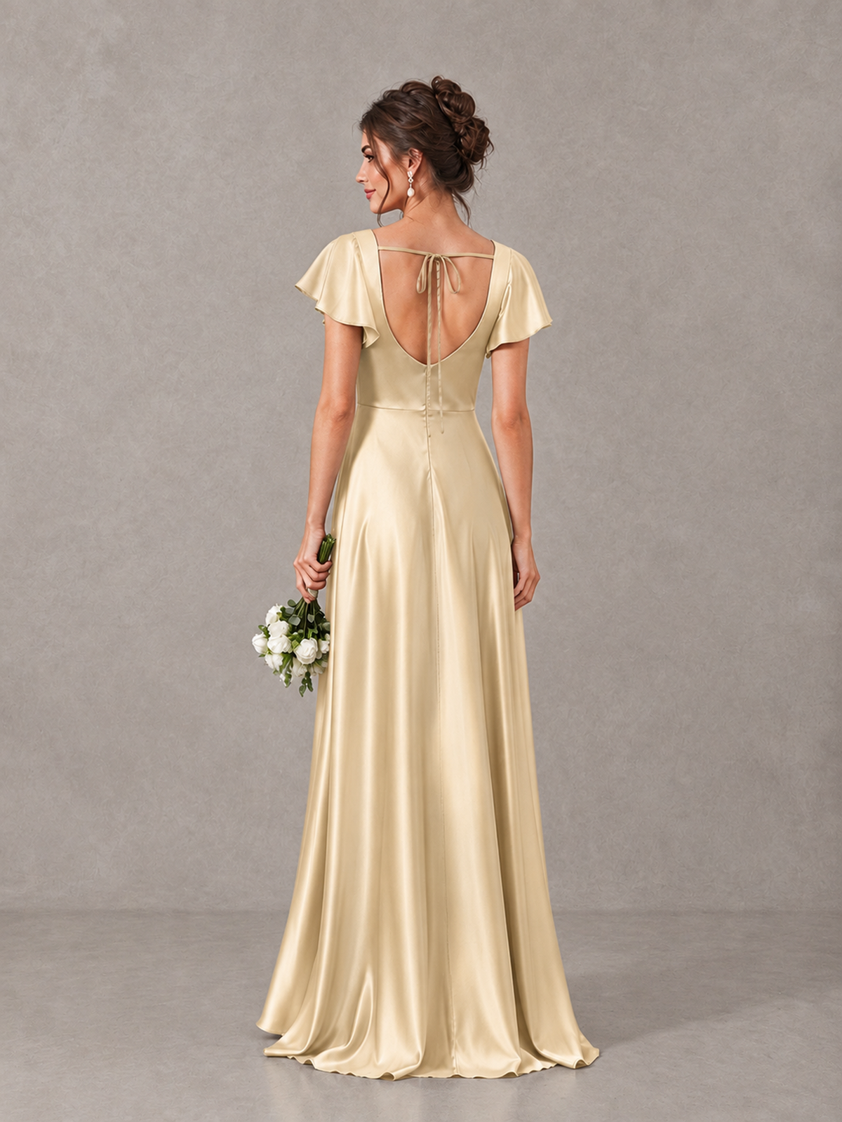 BOLODOO Champagne Satin Square Neck Flutter Sleeve A-Line Bridesmaid Dress with Slit - Champagne - Champagne_2