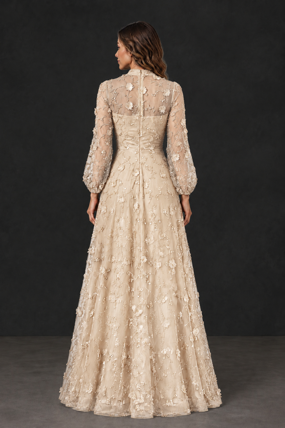 BOLODOO Champagne Long Sleeve Floral Mother of the Bride Dress - Champagne - Champagne_2