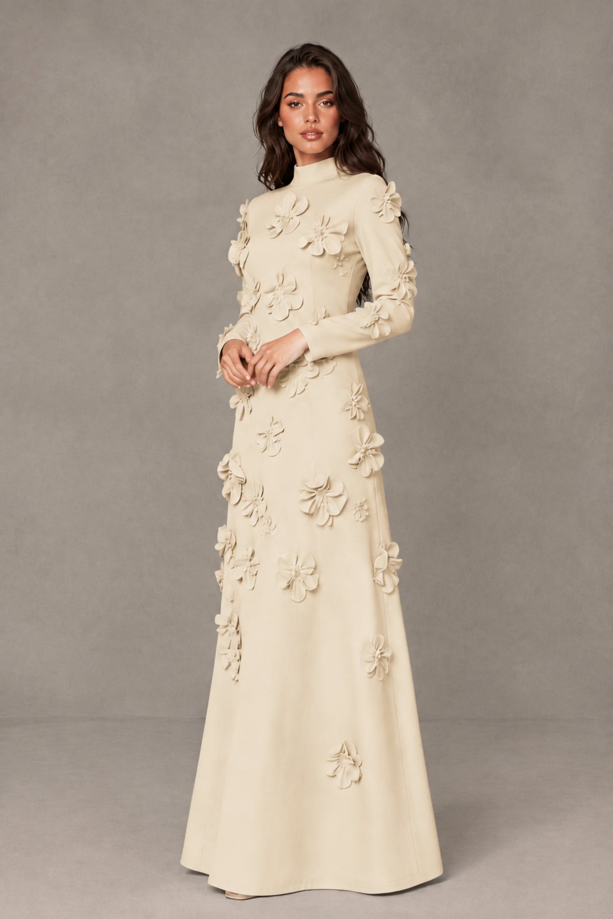 BOLODOO Champagne High Neck Long Sleeve 3D Floral Evening Gown - Champagne