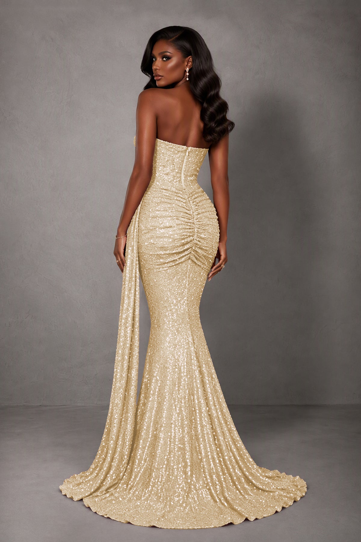 BOLODOO Champagne Sequin Strapless Corset Mermaid Evening Gown with Train - Champagne