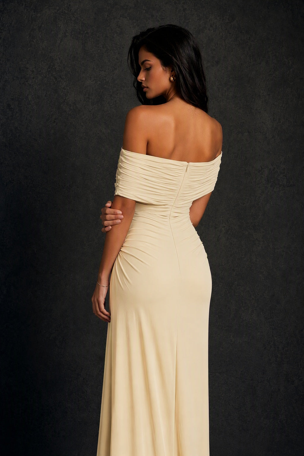 BOLODOO Champagne Off-Shoulder Ruched Maxi Dress - Champagne