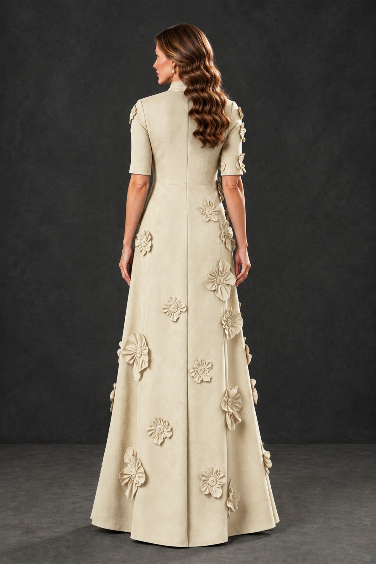 BOLODOO Champagne Floral Applique High-Neck Half-Sleeve Gown - Champagne - Champagne_2