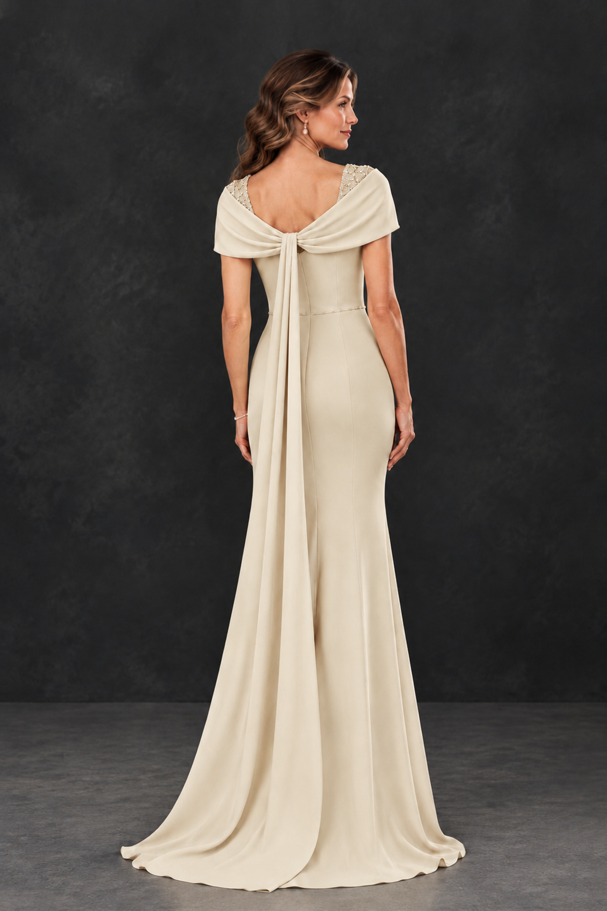 BOLODOO Champagne Mother of the Bride Dress with Draped Cape Detail - Champagne - Champagne_2