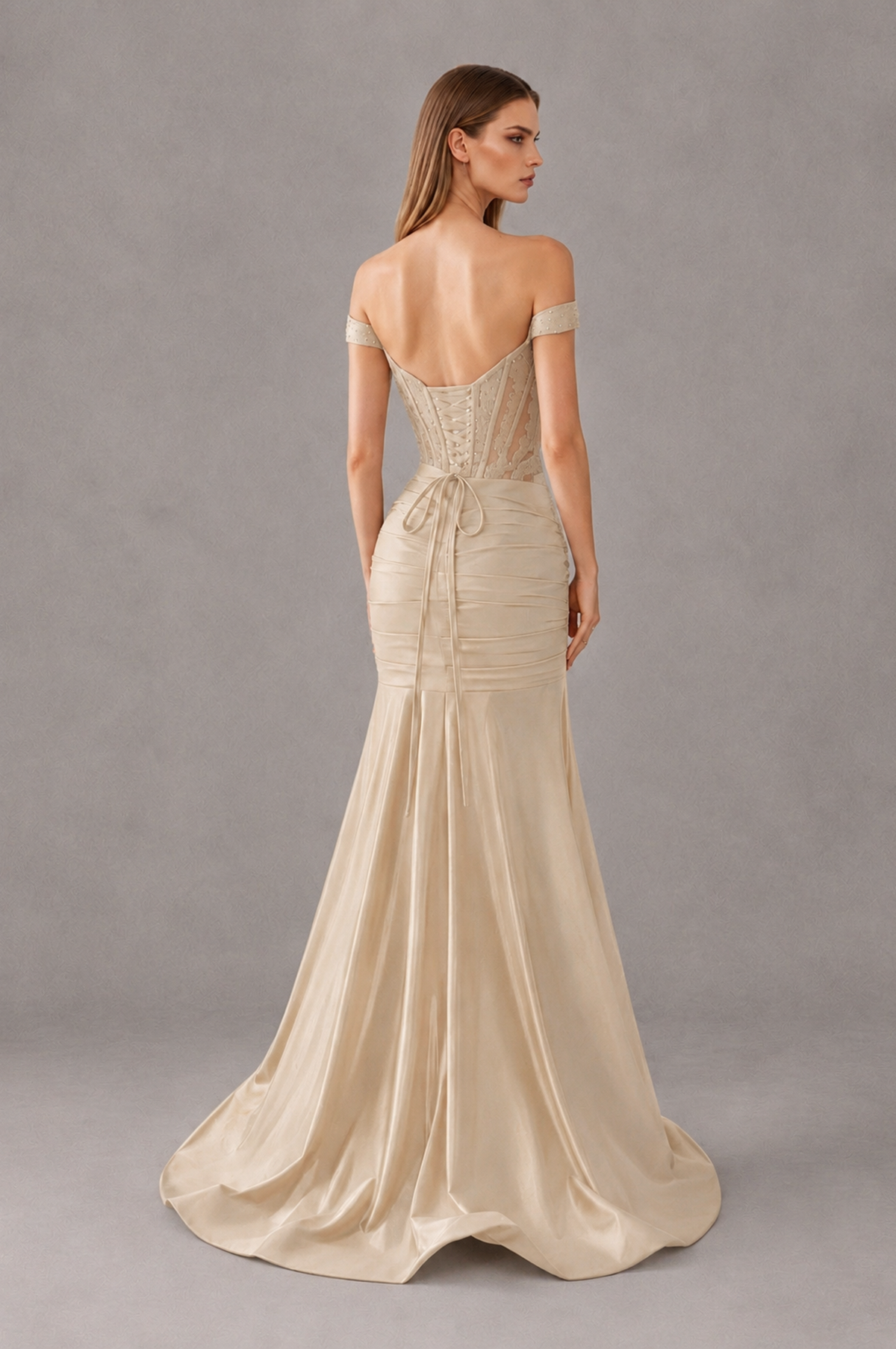 BOLODOO Champagne Off-Shoulder Corset Mermaid Prom Dress with Slit Sequin Lace Evening Gown - Champagne - Champagne_2