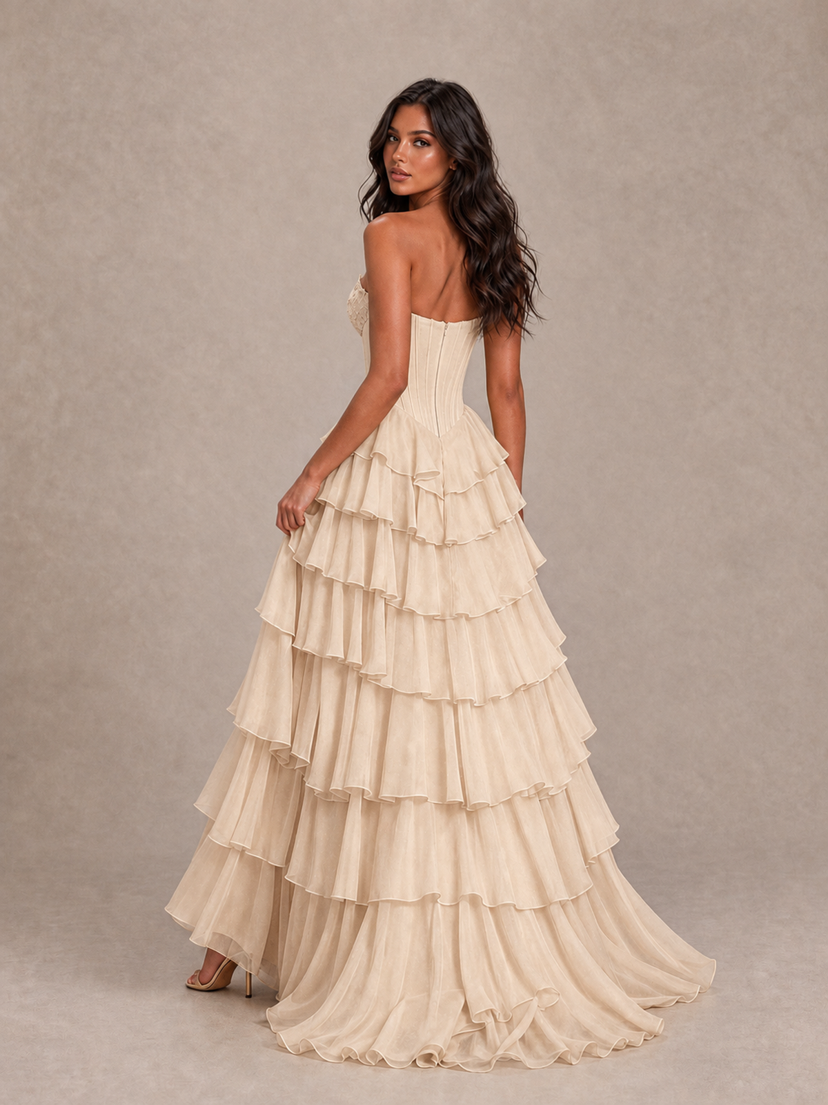 BOLODOO Champagne Strapless Corset Tiered Ruffle Prom Dress with High Slit - Champagne - Champagne_2