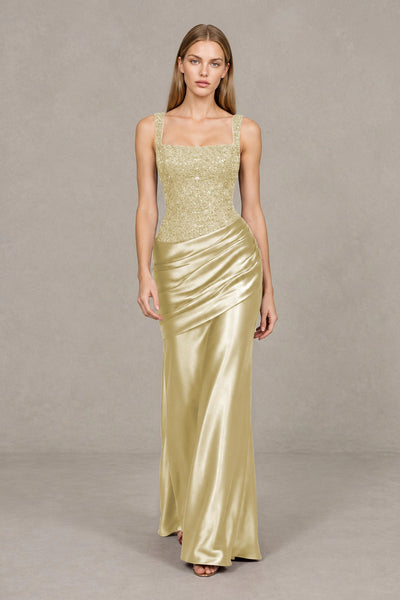 BOLODOO Champagne Square Neck Embellished Satin Evening Gown - Champagne