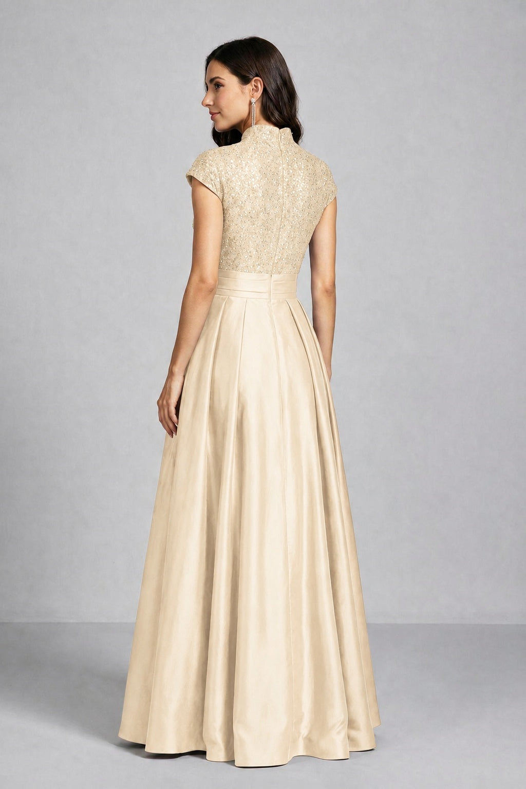 BOLODOO Champagne Sequin Embroidered High Neck Cap Sleeve A-Line Ball Gown – Formal Evening Dress - Champagne