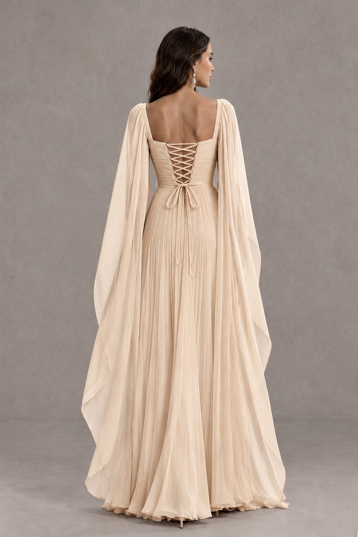 BOLODOO Champagne Square Neck Cape Sleeve A-Line Evening Dress - Champagne - Champagne_2