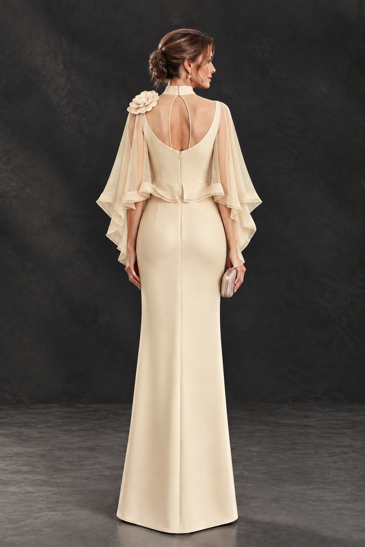 BOLODOO Champagne Floral Cape Sleeve Mother of the Bride Dress - Champagne - Champagne_2
