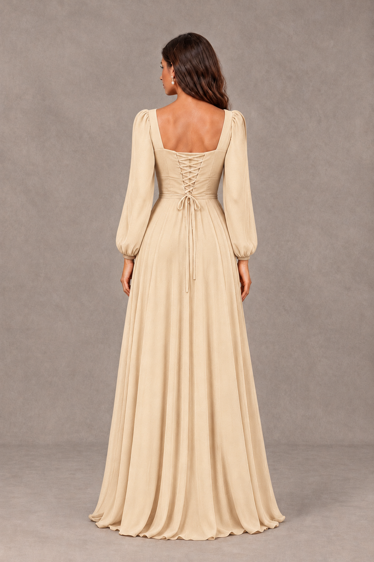 BOLODOO Champagne Square Neck Long Sleeve A-Line Bridesmaid Dress - Champagne - Champagne_2