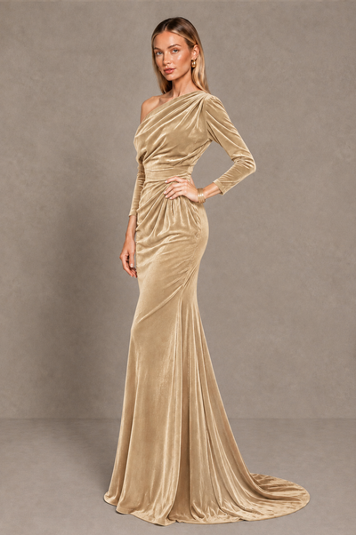 BOLODOO Champagne Velvet Asymmetric Neck Mermaid Evening Dress - Champagne - Champagne_2
