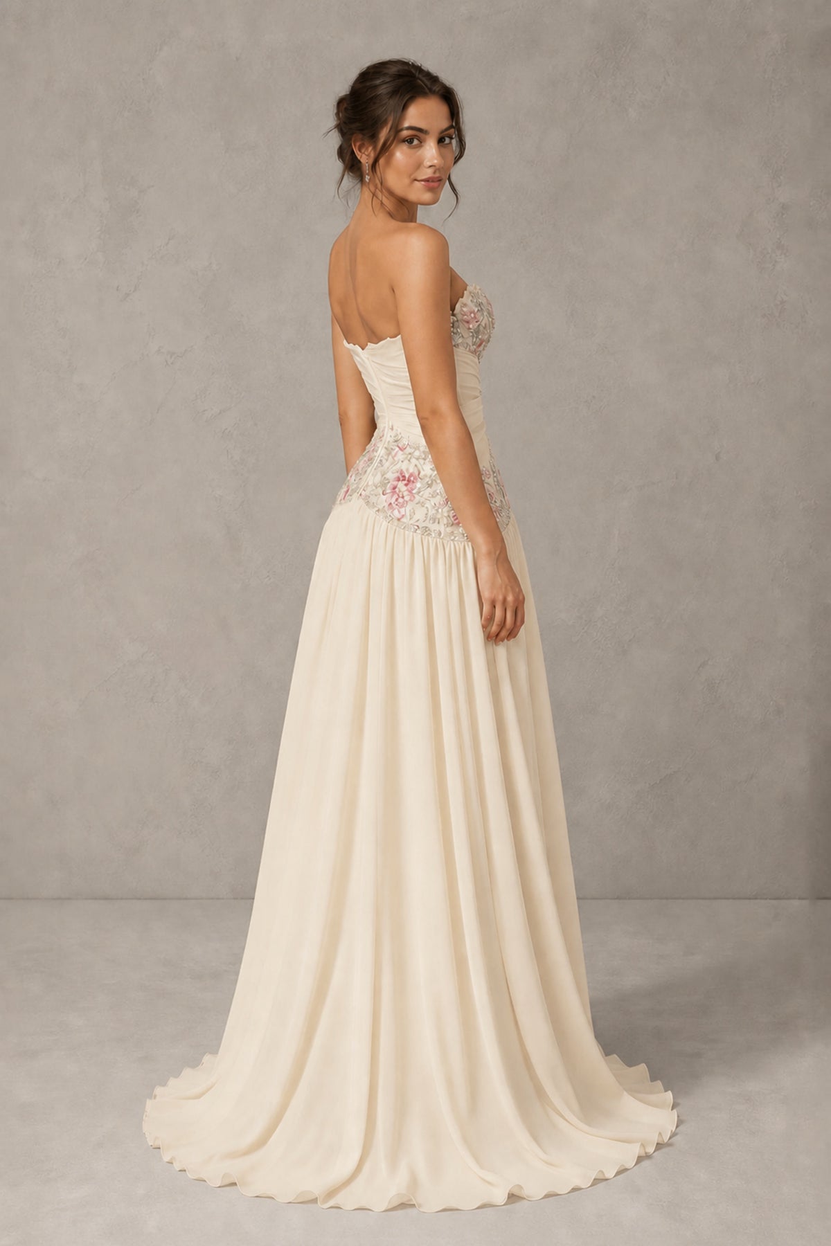 Champagne Strapless Sweetheart A-Line Chiffon Gown with 3D Floral Appliques & Cutout | BOLODOO - Champagne