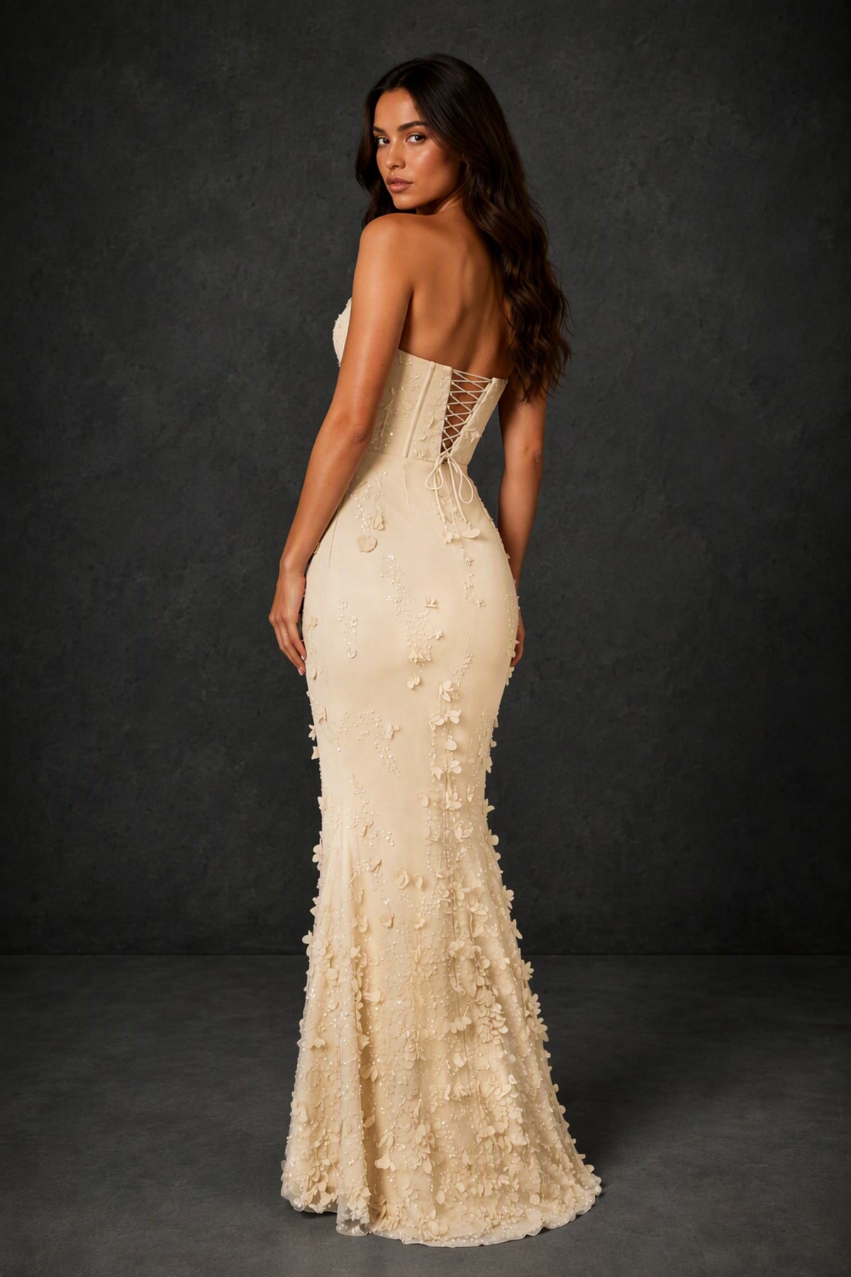 BOLODOO Champagne 3D Floral Sequin Corset Strapless Mermaid Gown - Champagne