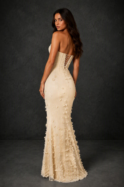BOLODOO Champagne 3D Floral Sequin Corset Strapless Mermaid Gown - Champagne