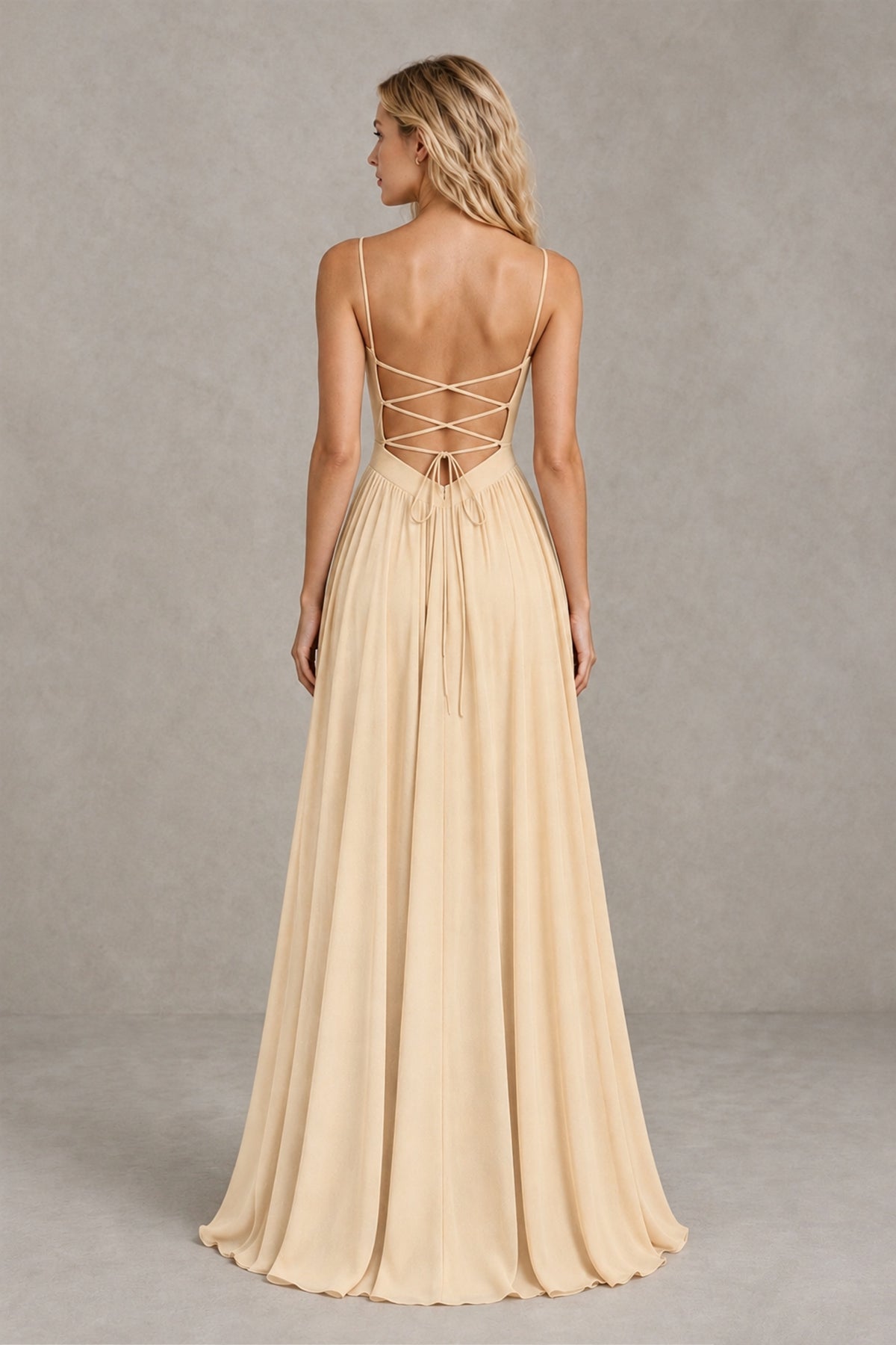 BOLODOO Champagne Spaghetti Strap A-Line Bridesmaid Dress with Slit - Champagne - Champagne_2