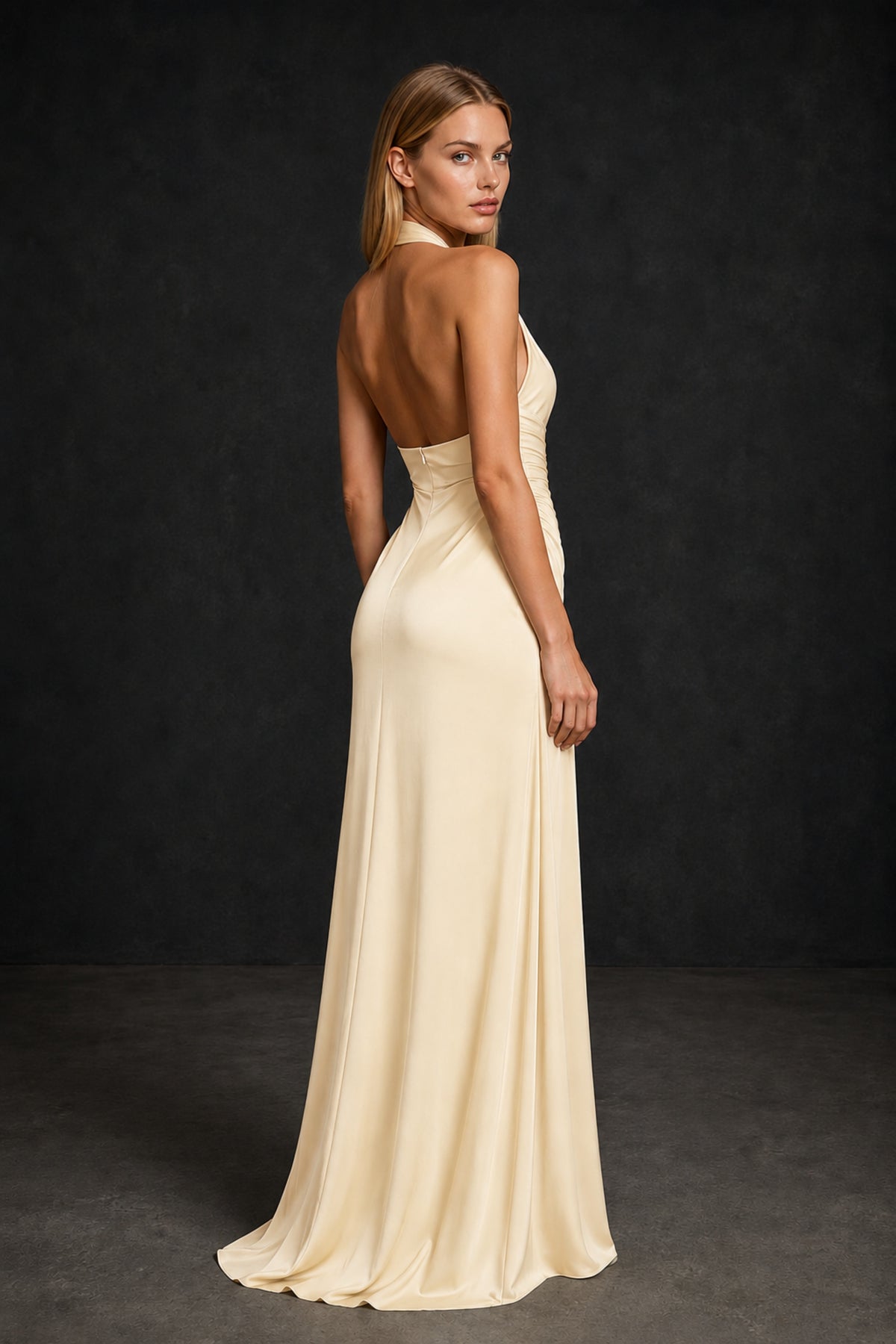 BOLODOO Champagne Twisted Halter Neck Ruched Sleeveless Open Back Floor-Length Gown - Champagne
