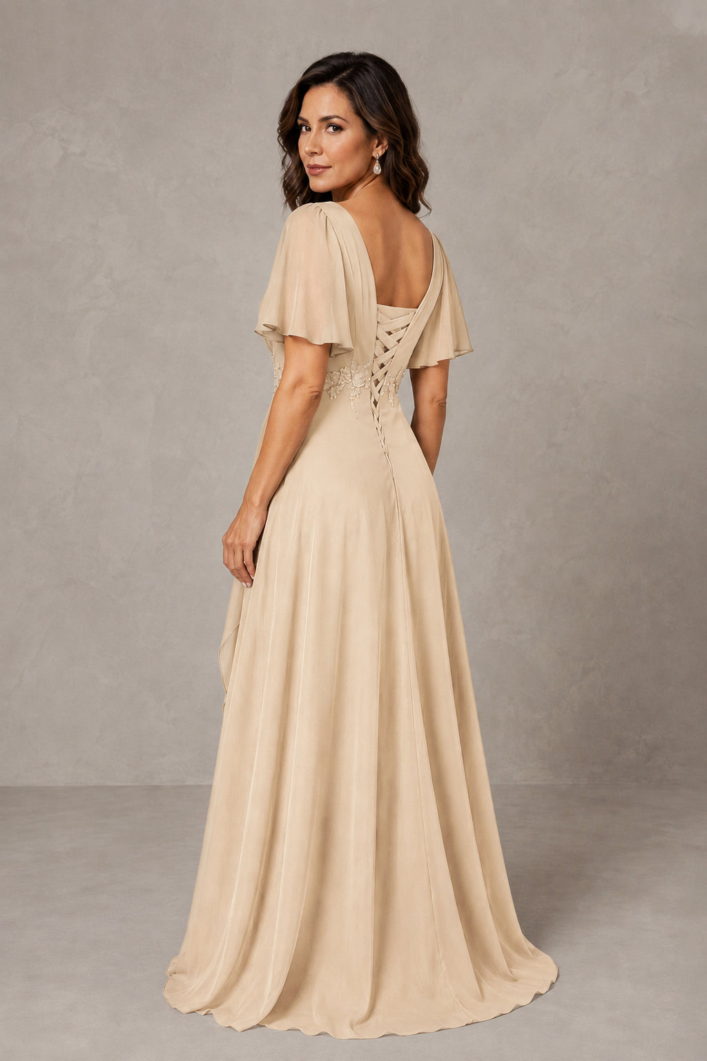 BOLODOO Champagne Chiffon V-Neck Flutter Sleeve Floral Applique Cascade Ruffle Lace-Up Back A-Line Maxi Evening Dress - Champagne