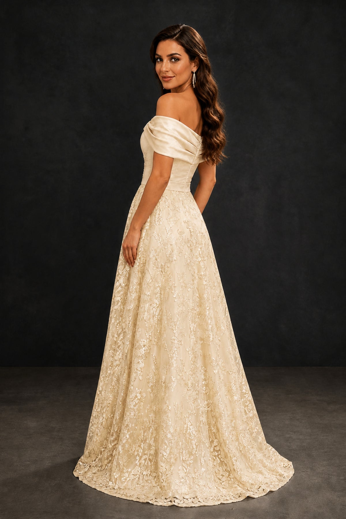 BOLODOO Champagne Lace Glitter Off Shoulder Cap Sleeve A-Line Ball Gown with Train – Formal Evening Dress - Champagne