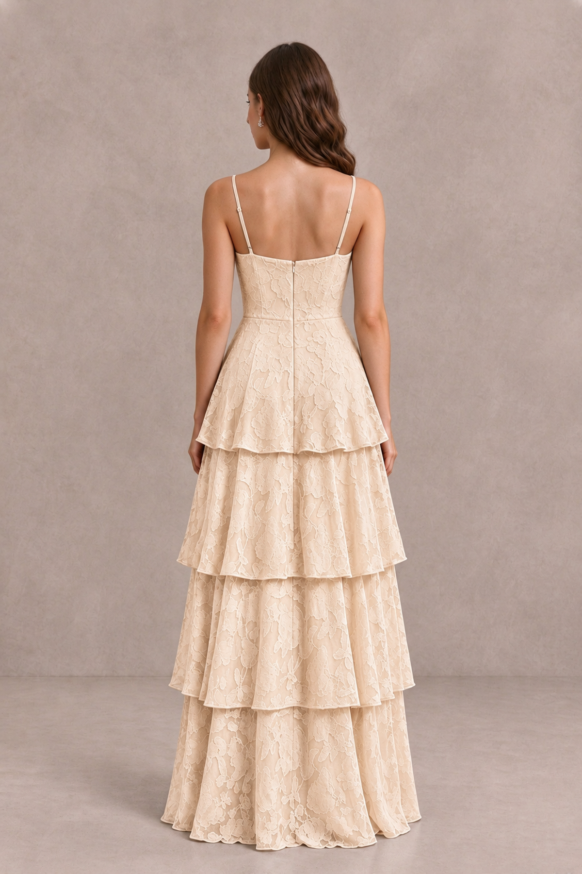 BOLODOO Champagne Tiered Floral-Textured Spaghetti Strap Maxi Dress - Champagne - Champagne_2