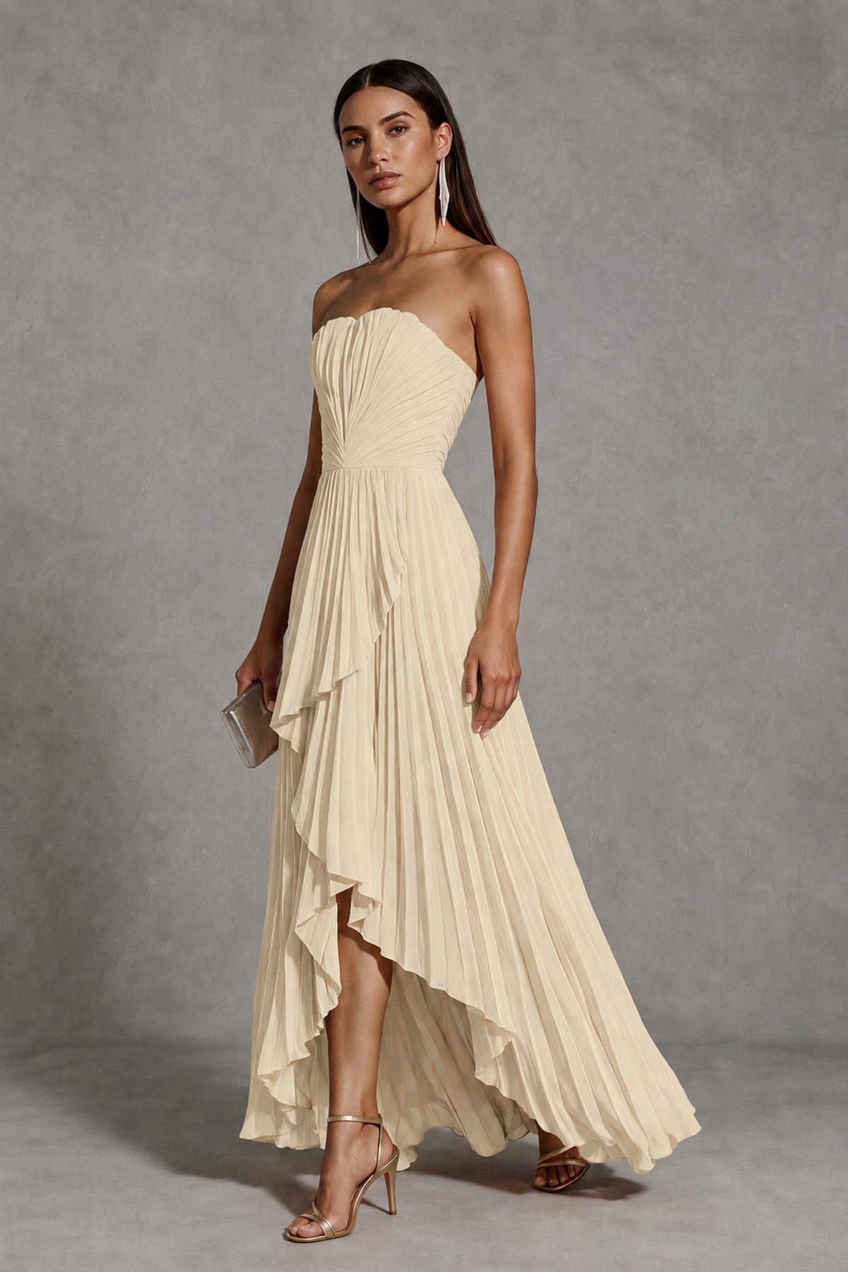 Champagne Strapless Pleated High-Low Evening Gown with Ruffle Hem - Champagne
