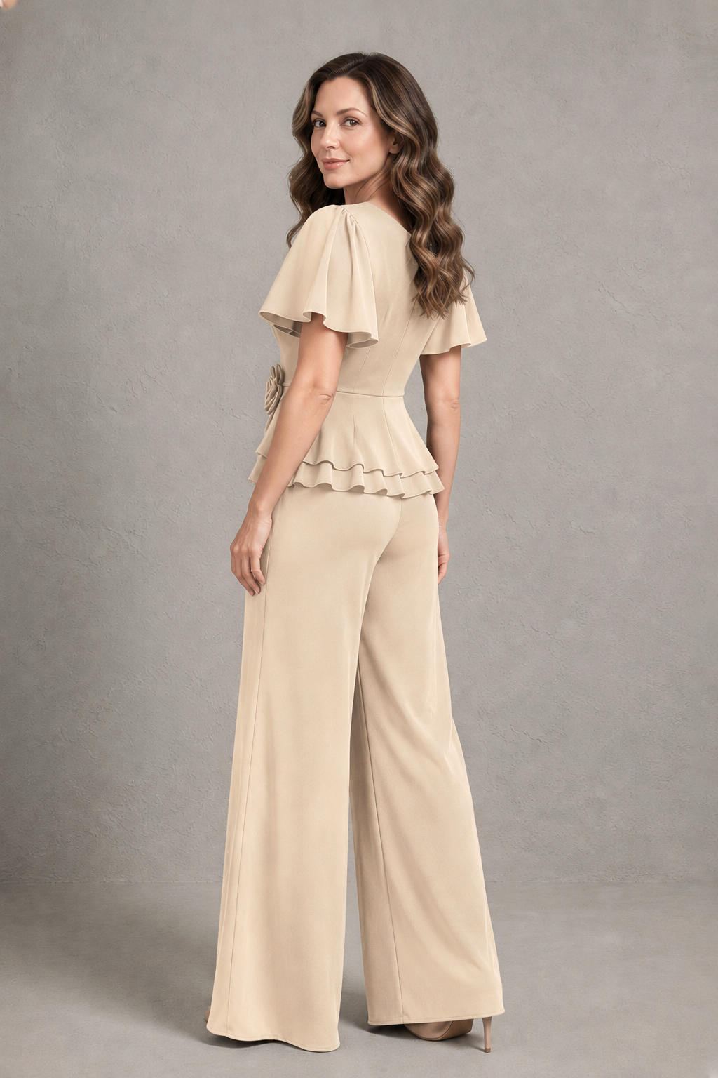 BOLODOO Champagne Flutter Sleeve Peplum Wide-Leg Pant Suit - Champagne