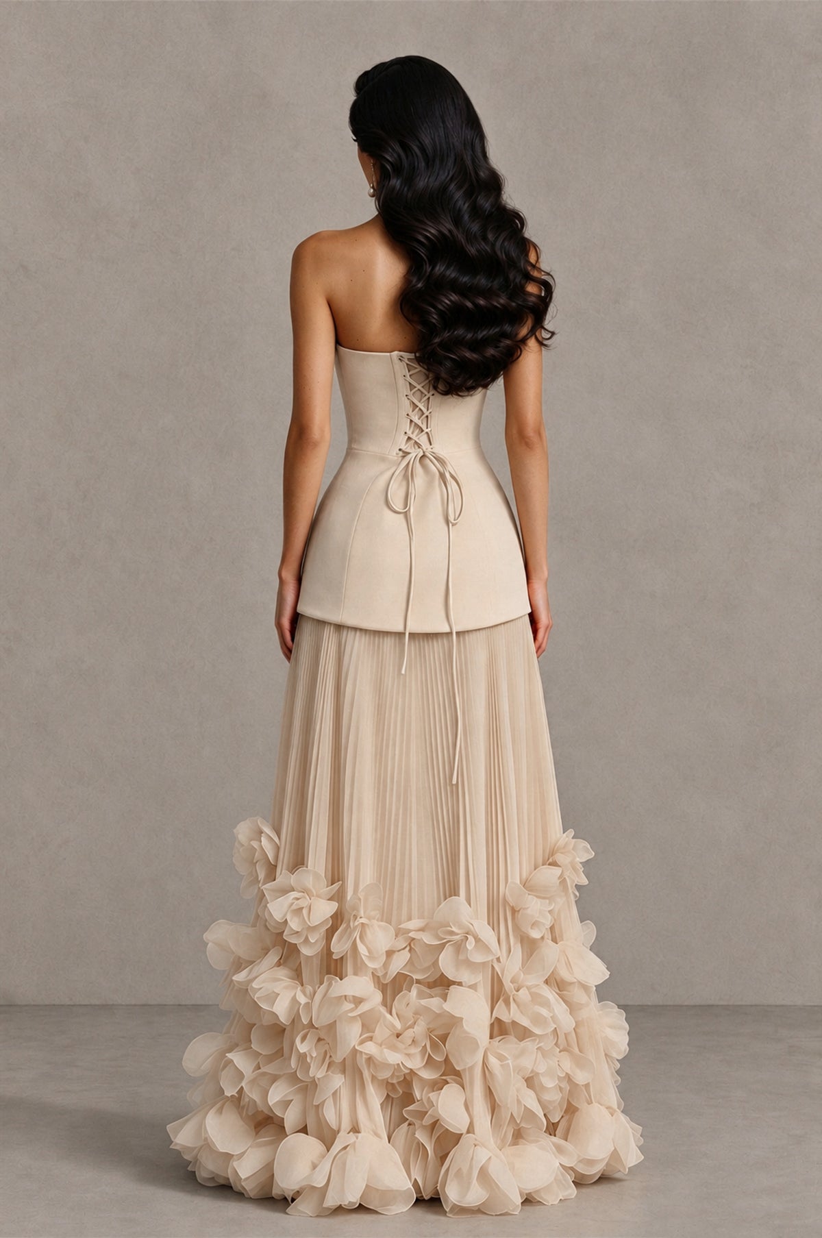 BOLODOO Champagne Strapless Pleated Floral Hem Evening Gown - Champagne - Champagne_2